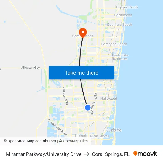 Miramar Parkway/University Drive to Coral Springs, FL map