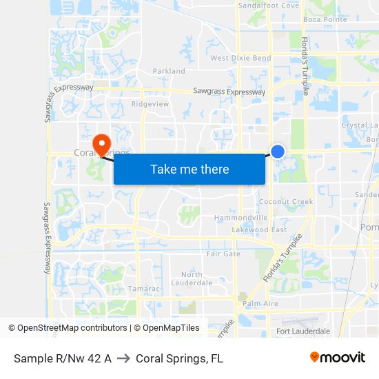 Sample R/Nw 42 A to Coral Springs, FL map