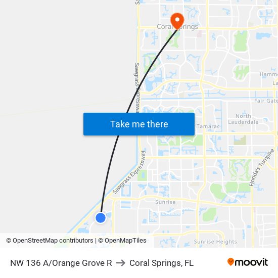 NW 136 A/Orange Grove R to Coral Springs, FL map