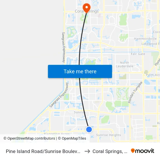 Pine Island Road/Sunrise Boulevard to Coral Springs, FL map