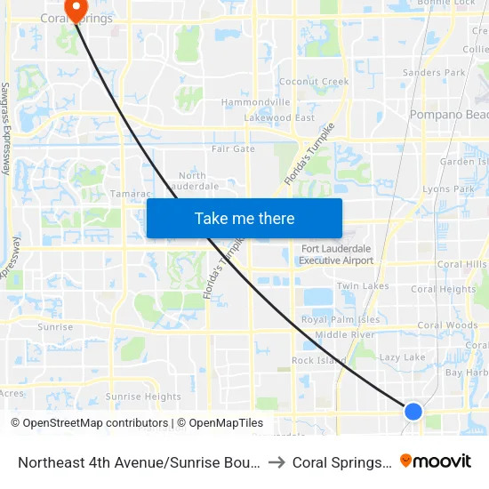 Northeast 4th Avenue/Sunrise Boulevard to Coral Springs, FL map