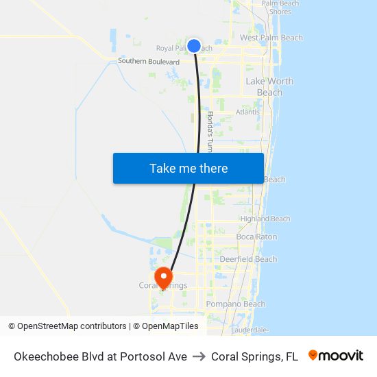 Okeechobee Blvd at Portosol Ave to Coral Springs, FL map