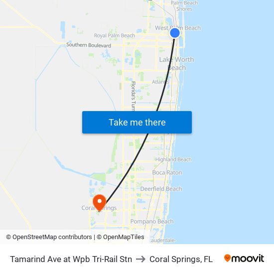 Tamarind Ave at  Wpb Tri-Rail Stn to Coral Springs, FL map