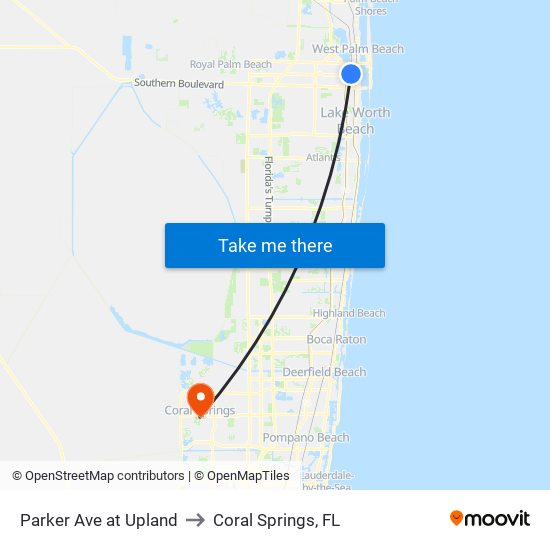 Parker Ave at Upland to Coral Springs, FL map