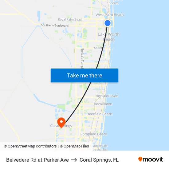 Belvedere Rd at  Parker Ave to Coral Springs, FL map