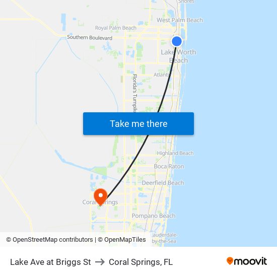 Lake Ave at Briggs St to Coral Springs, FL map