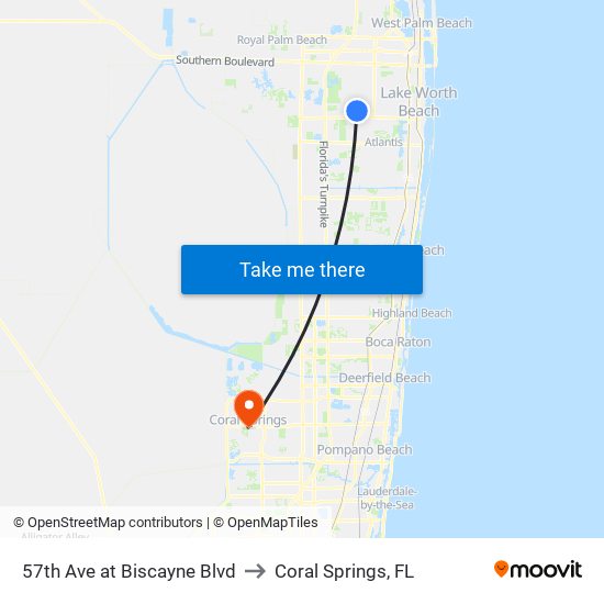 57th Ave at Biscayne Blvd to Coral Springs, FL map