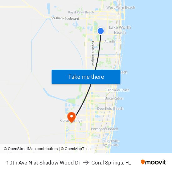 10th Ave N at Shadow Wood Dr to Coral Springs, FL map