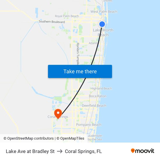 Lake Ave at Bradley St to Coral Springs, FL map