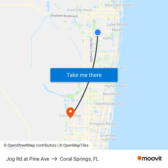 Jog Rd at Pine Ave to Coral Springs, FL map