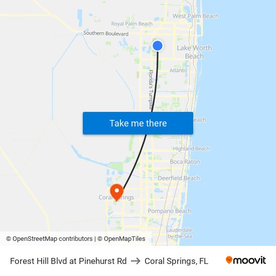 Forest Hill Blvd at Pinehurst Rd to Coral Springs, FL map