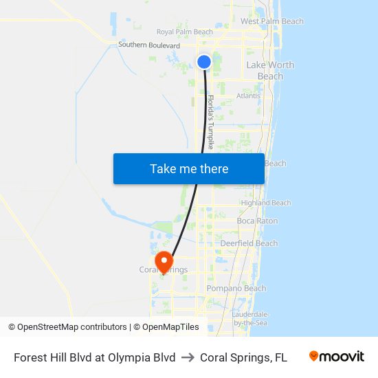 Forest Hill Blvd at Olympia Blvd to Coral Springs, FL map