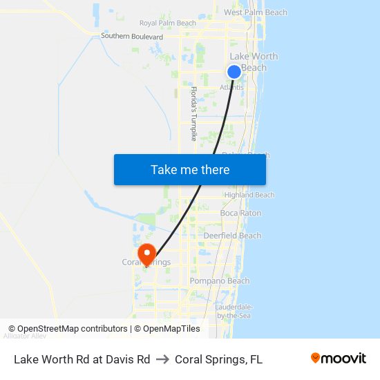Lake Worth Rd at Davis Rd to Coral Springs, FL map