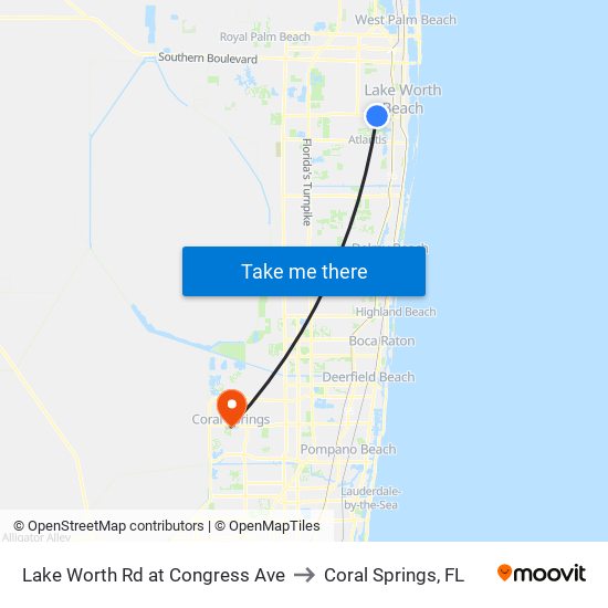 Lake Worth Rd at Congress Ave to Coral Springs, FL map