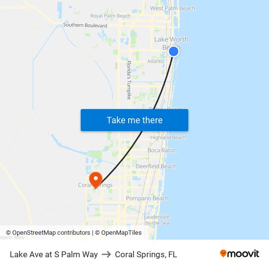 Lake Ave at S Palm Way to Coral Springs, FL map