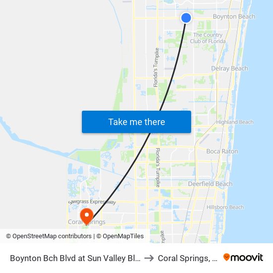 Boynton Bch Blvd at Sun Valley Blvd to Coral Springs, FL map
