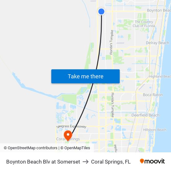 Boynton Beach Blv at Somerset to Coral Springs, FL map