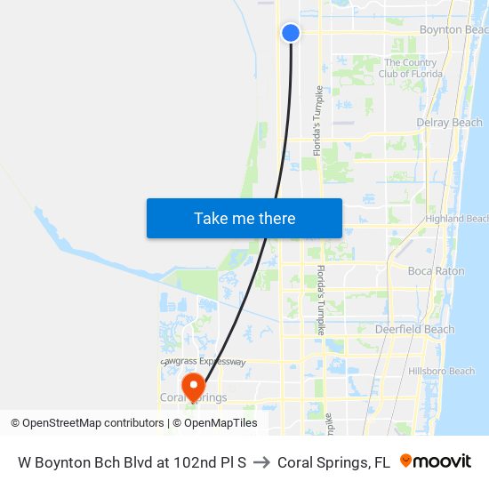 W Boynton Bch Blvd at 102nd Pl S to Coral Springs, FL map