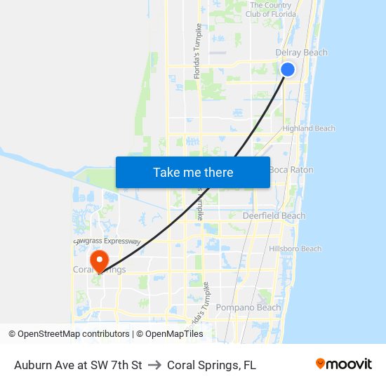 Auburn Ave at SW 7th St to Coral Springs, FL map