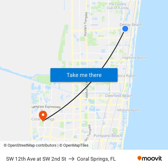 SW 12th Ave at SW 2nd St to Coral Springs, FL map