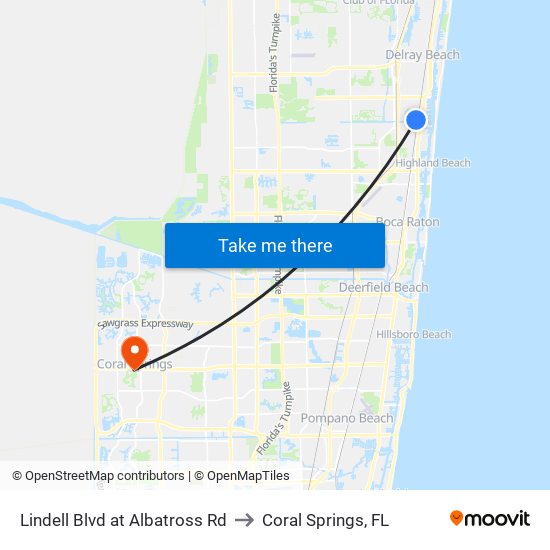 Lindell Blvd at Albatross Rd to Coral Springs, FL map