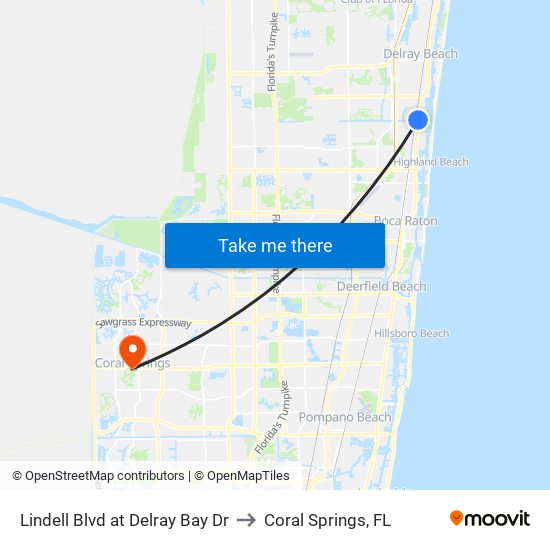 Lindell Blvd at Delray Bay Dr to Coral Springs, FL map