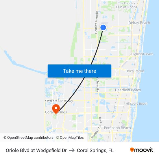 Oriole Blvd at Wedgefield Dr to Coral Springs, FL map