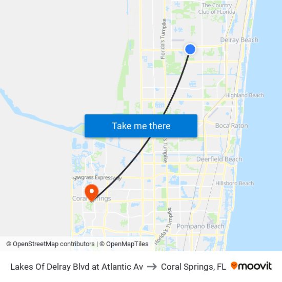 Lakes Of Delray Blvd at  Atlantic Av to Coral Springs, FL map