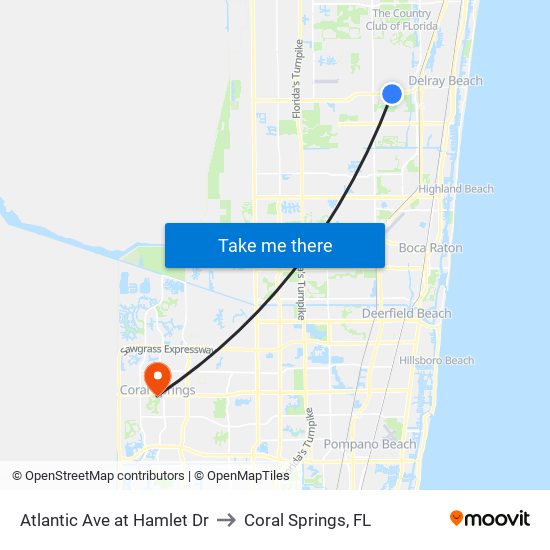 Atlantic Ave at Hamlet Dr to Coral Springs, FL map