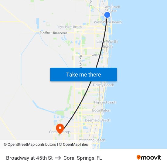 Broadway at 45th St to Coral Springs, FL map