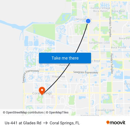 Us-441 at Glades Rd to Coral Springs, FL map