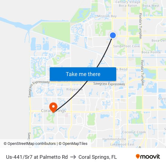 Us-441/Sr7 at Palmetto Rd to Coral Springs, FL map