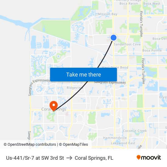 Us-441/Sr-7 at SW 3rd St to Coral Springs, FL map