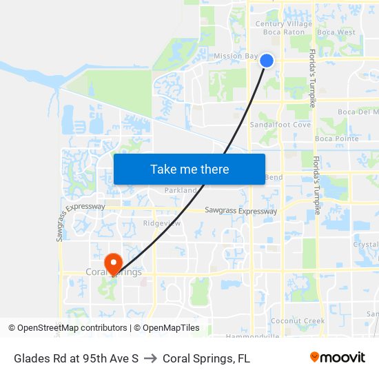 Glades Rd at 95th Ave S to Coral Springs, FL map
