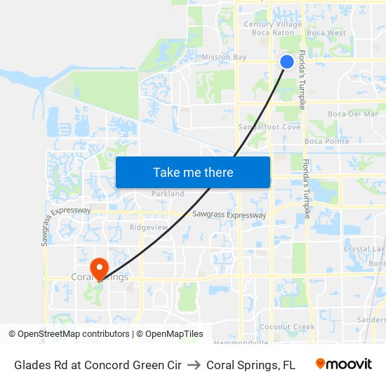 Glades Rd at Concord Green Cir to Coral Springs, FL map