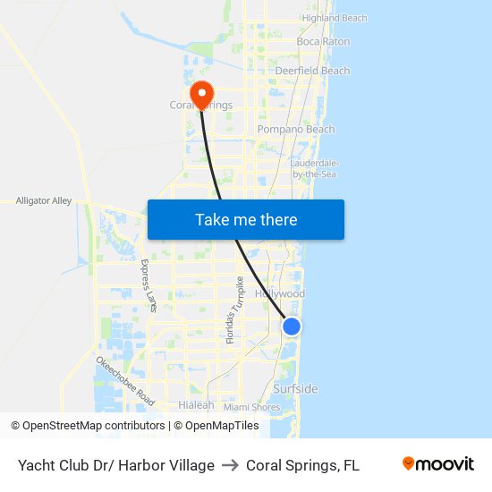 Yacht Club Dr/ Harbor Village to Coral Springs, FL map