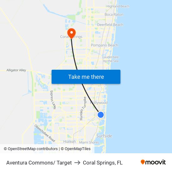 Aventura Commons/ Target to Coral Springs, FL map