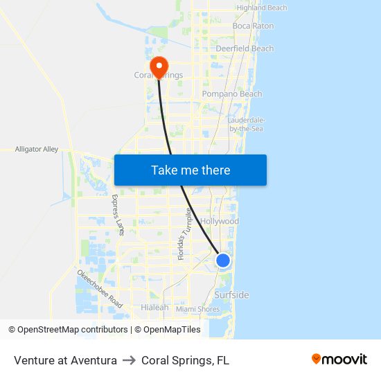 Venture at Aventura to Coral Springs, FL map