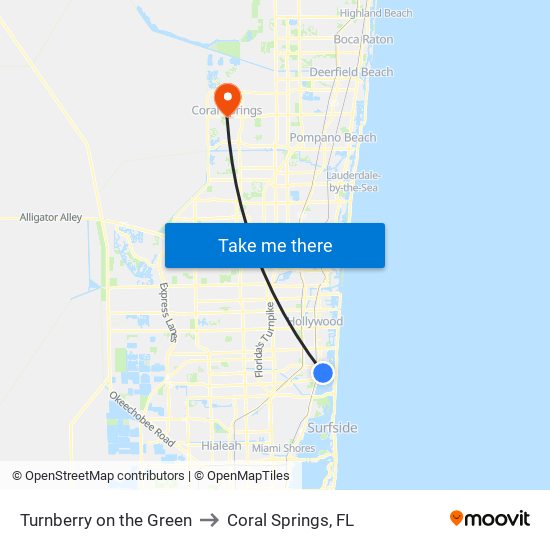 Turnberry on the Green to Coral Springs, FL map