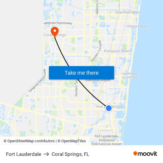 Fort Lauderdale to Coral Springs, FL map