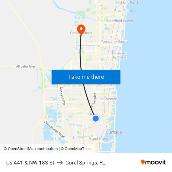 Us 441 & NW 183 St to Coral Springs, FL map