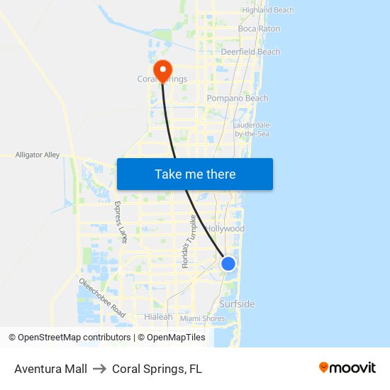 Aventura Mall to Coral Springs, FL map
