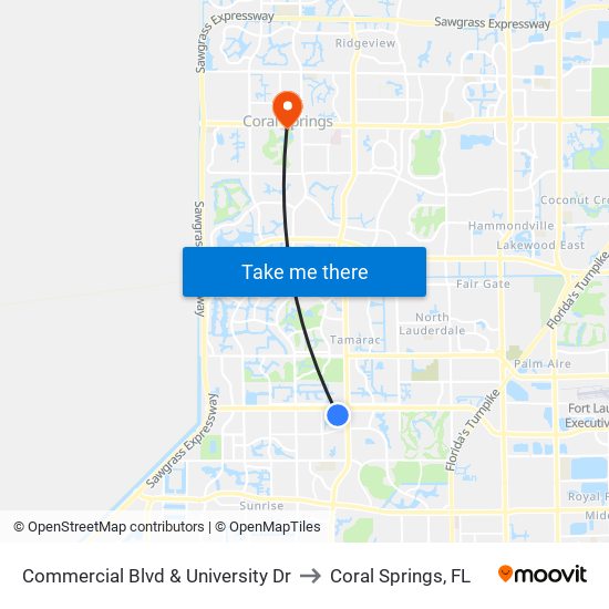 Commercial Blvd & University Dr to Coral Springs, FL map