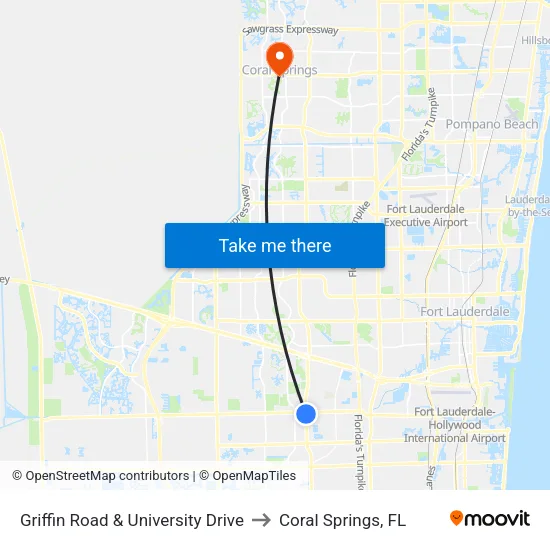 Griffin Road & University Drive to Coral Springs, FL map