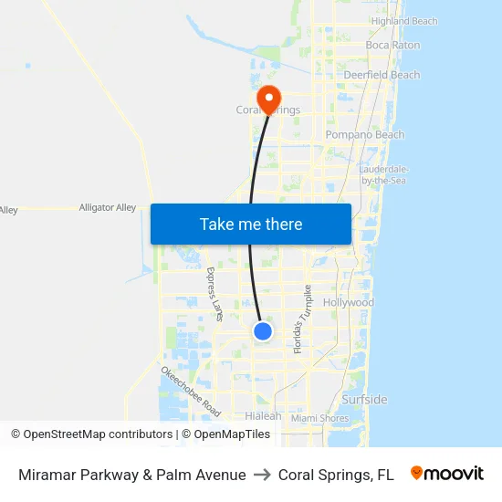 Miramar Parkway & Palm Avenue to Coral Springs, FL map