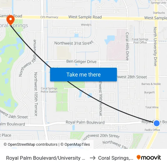 Royal Palm Boulevard/University Drive to Coral Springs, FL map