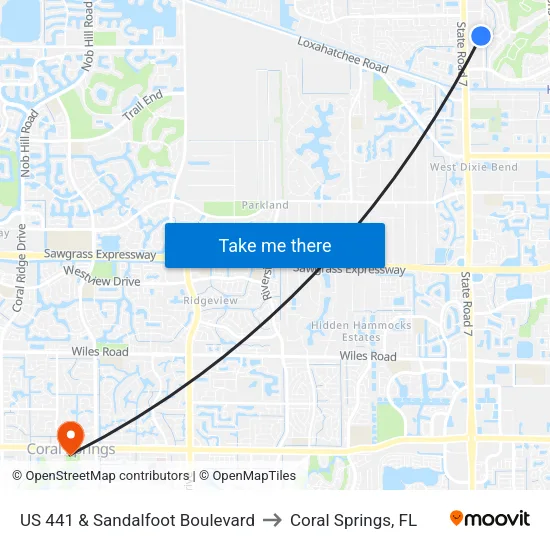 US 441 & Sandalfoot Boulevard to Coral Springs, FL map