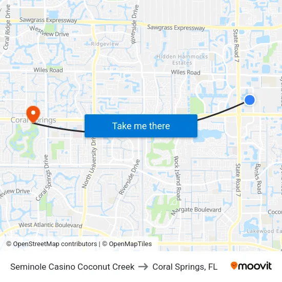 Seminole Casino Coconut Creek to Coral Springs, FL map