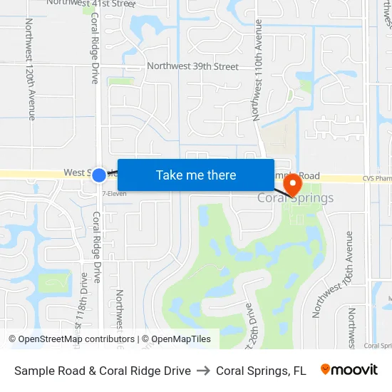 Sample Road & Coral Ridge Drive to Coral Springs, FL map
