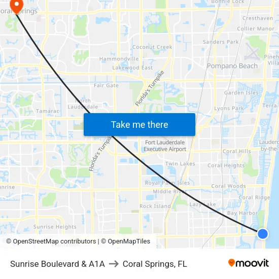 Sunrise Boulevard & A1A to Coral Springs, FL map